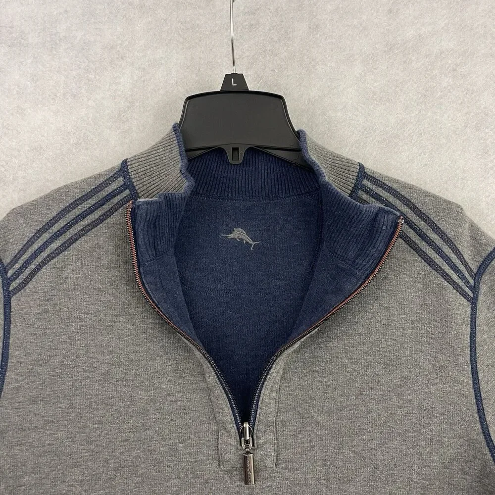 Tommy Bahama 1/4 Zip Sweater Mens Large Gray Blue Reversible Pullover Casual